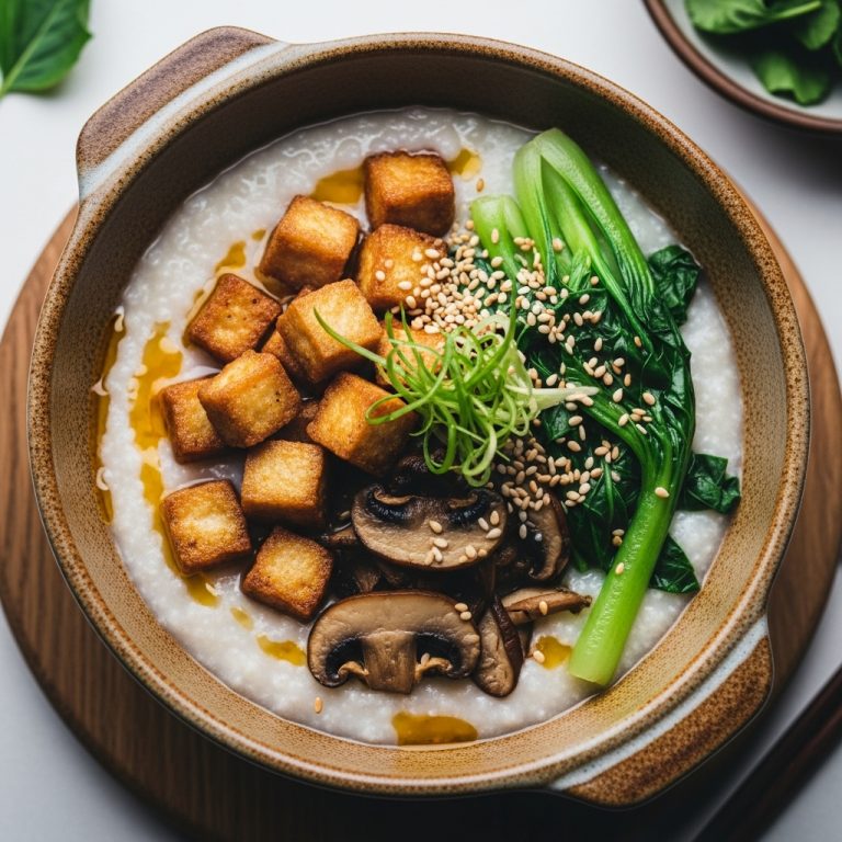 “Elegant Chinese Vegetarian Brunch Feast: Crispy Tofu and Mushroom Congee with Sautéed Greens”